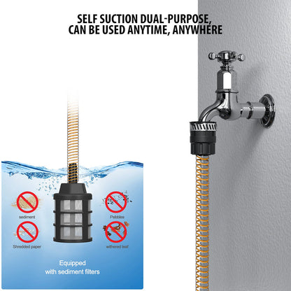 Dual-purpose suction device with hose attached, shown on a wall and underwater, with text indicating its versatility.