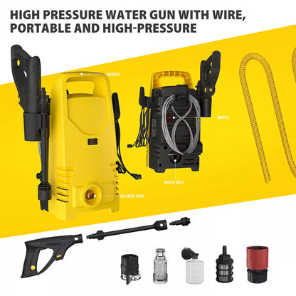 High AqaCleany Pressure Washer water gun with accessories on a yellow background