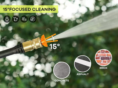 Hose nozzle with water spray and labeled cleaning angles on a blurred green background