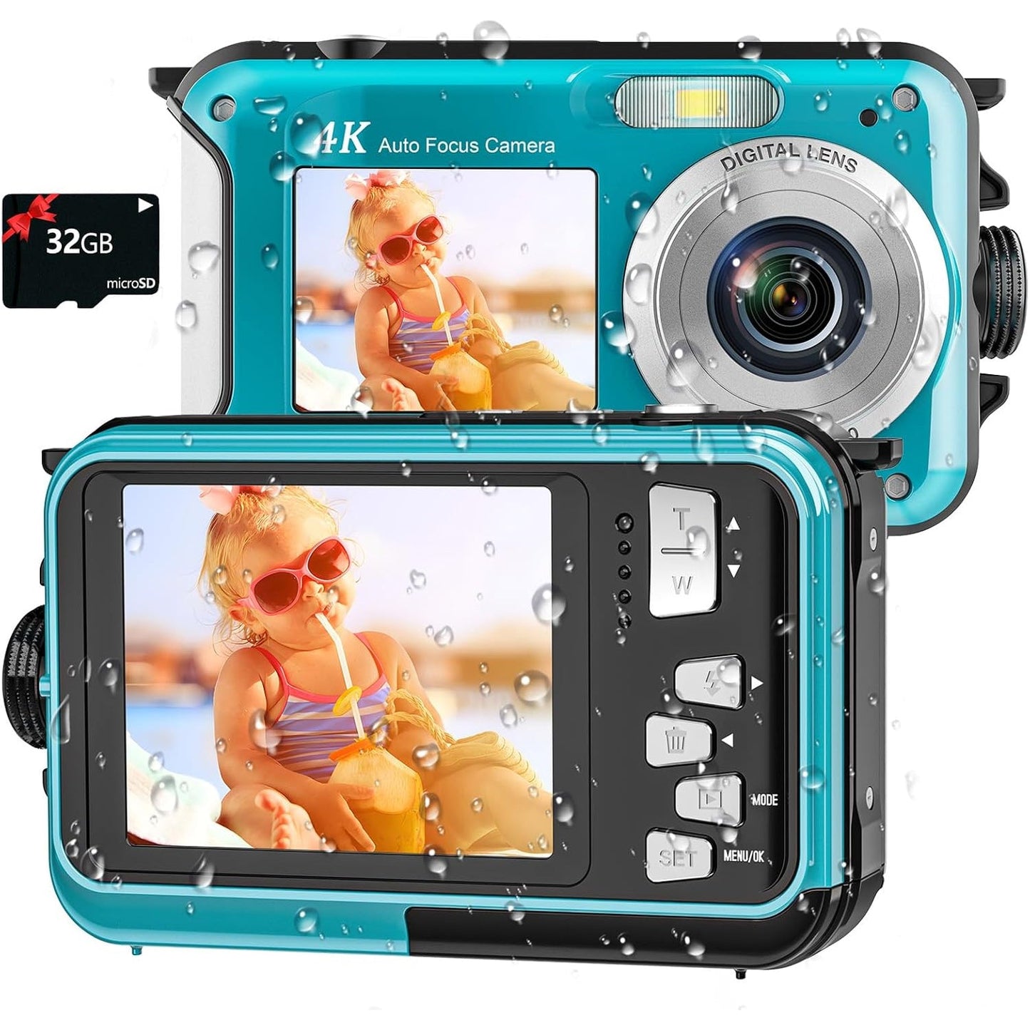 Turquoise underwater AquanPixel Camera with dual screens displaying a child at the beach, accompanied by a 32GB microSD card.