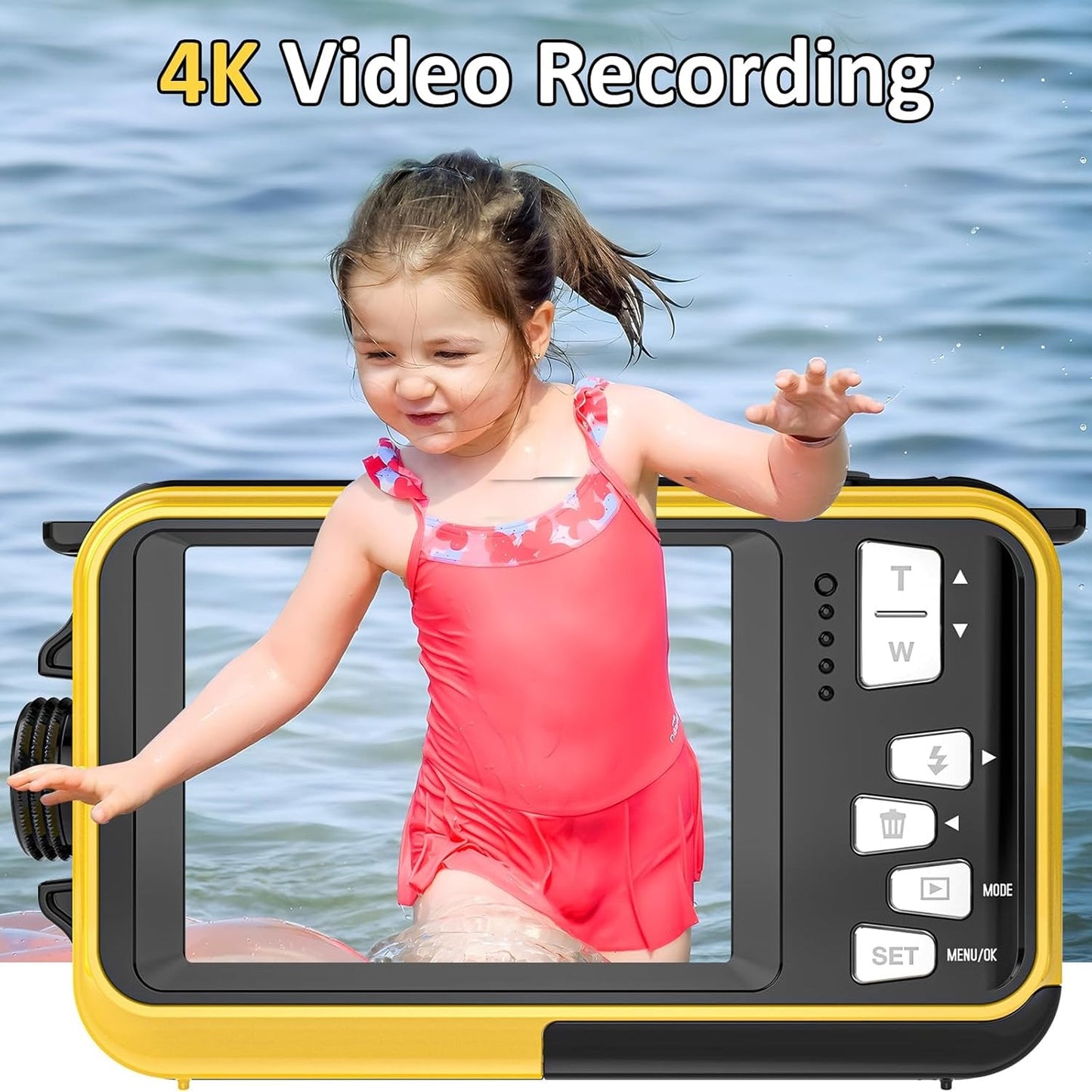 Child in a swimsuit with a 4K AquanPixel Camera device overlay