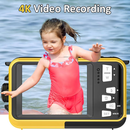 Child in a swimsuit with a 4K AquanPixel Camera device overlay