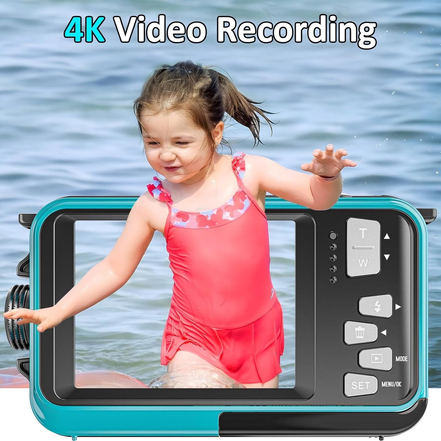 Child in a swimsuit standing next to a AquanPixel Camera with 4K Video Recording text, water background