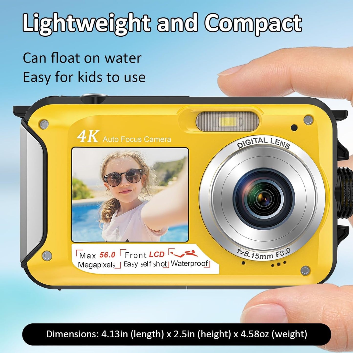Yellow AquanPixel Camera held by a hand with text highlighting features on a blue gradient background
