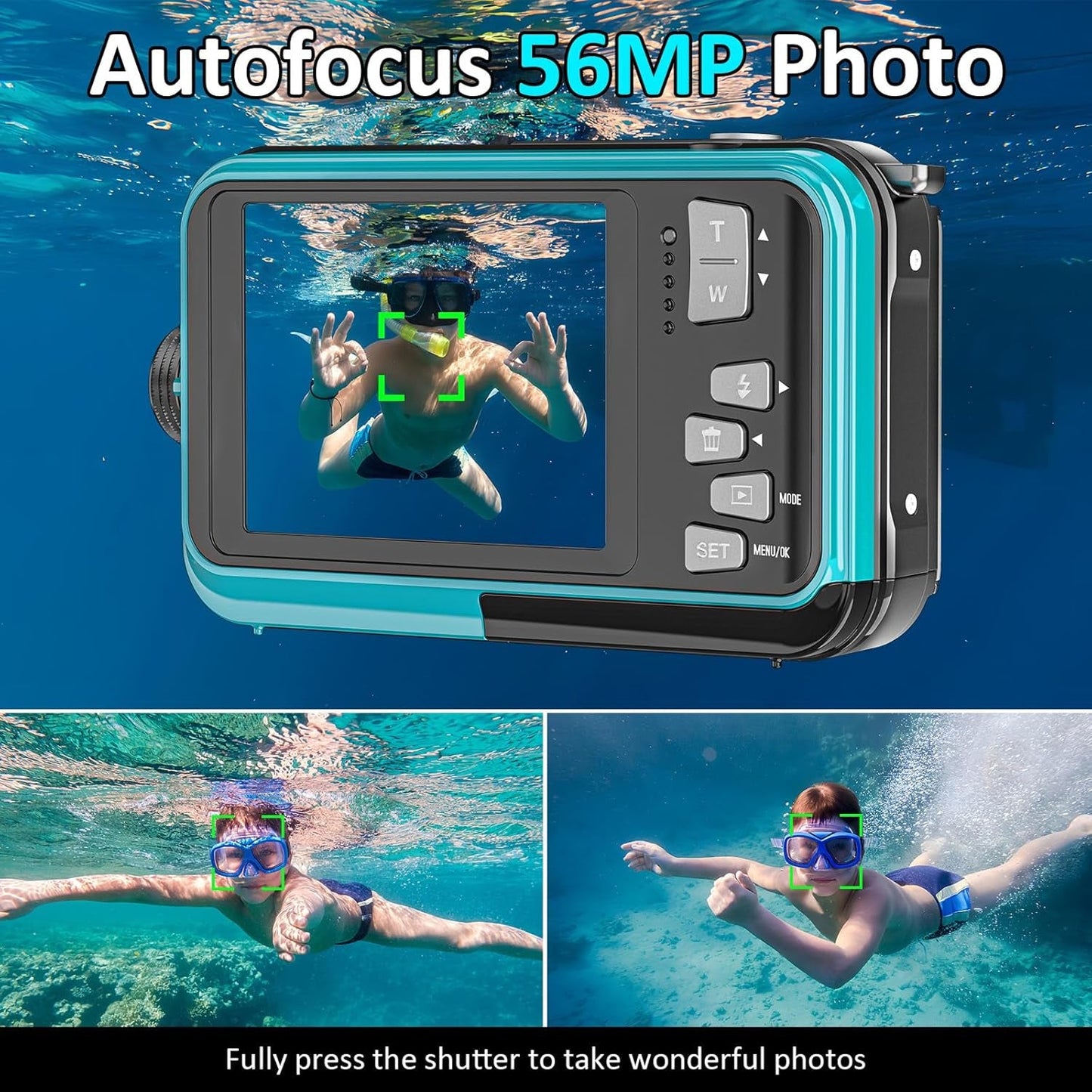 AquanPixel Camera underwater with user taking photos, highlighting autofocus 56MP photo feature.