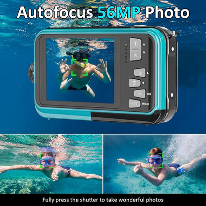 AquanPixel Camera underwater with user taking photos, highlighting autofocus 56MP photo feature.