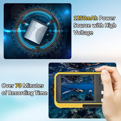 AquanPixel Camera with power source and underwater camera display, featuring text about power capacity and recording time.