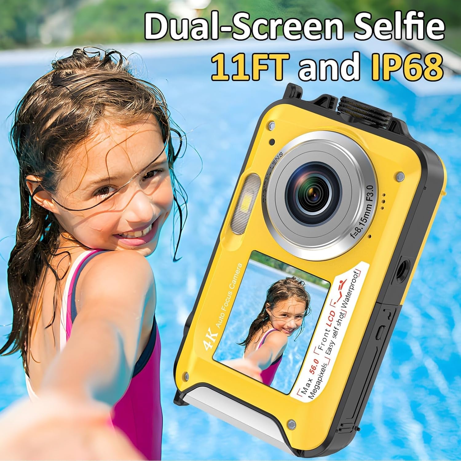 Yellow dual-screen selfie AquanPixel Camera with a child in a pool, emphasizing water resistance and screen features.