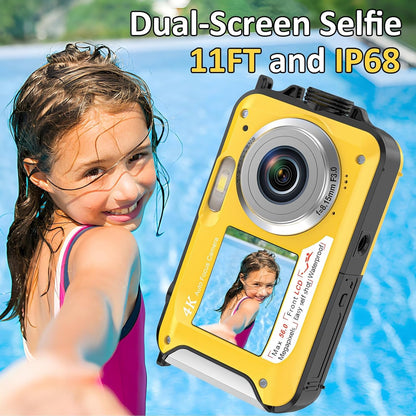 Yellow dual-screen selfie AquanPixel Camera with a child in a pool, emphasizing water resistance and screen features.