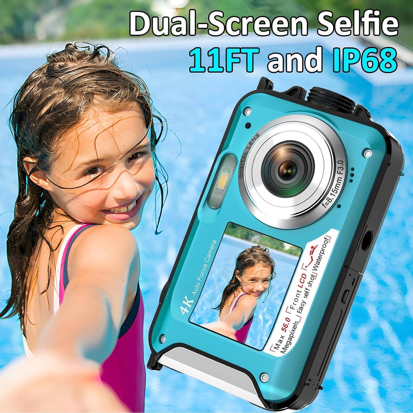 Turquoise AquanPixel Camera with dual-screen selfie feature held by a child in a pool.