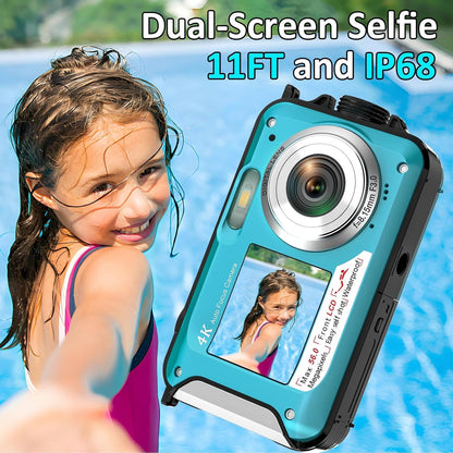 Turquoise AquanPixel Camera with dual-screen selfie feature held by a child in a pool.