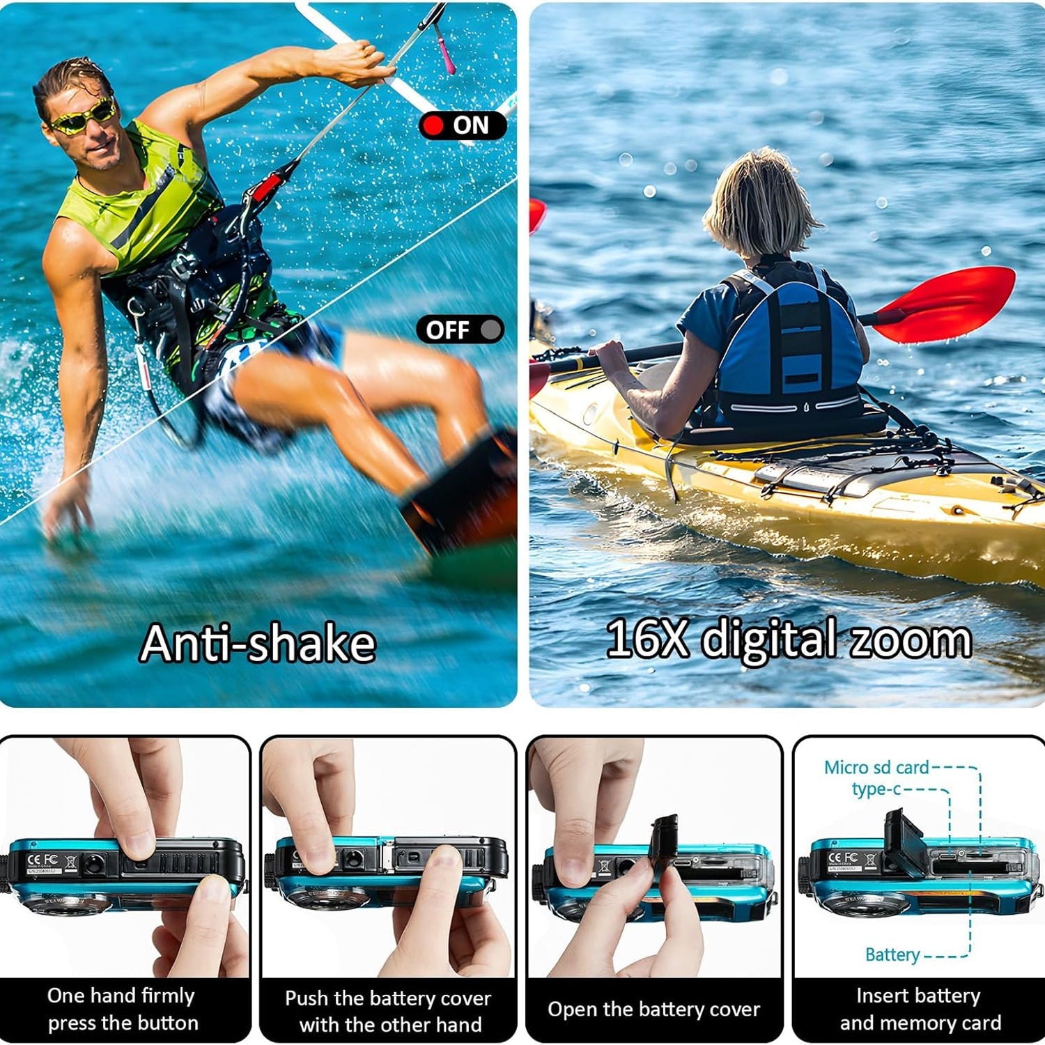 Collage of a person water skiing and a person kayaking, with text on AquanPixel Camera features.