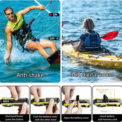 Person kite surfing and kayaking with camera features highlighted, including anti-shake and 16X digital zoom.