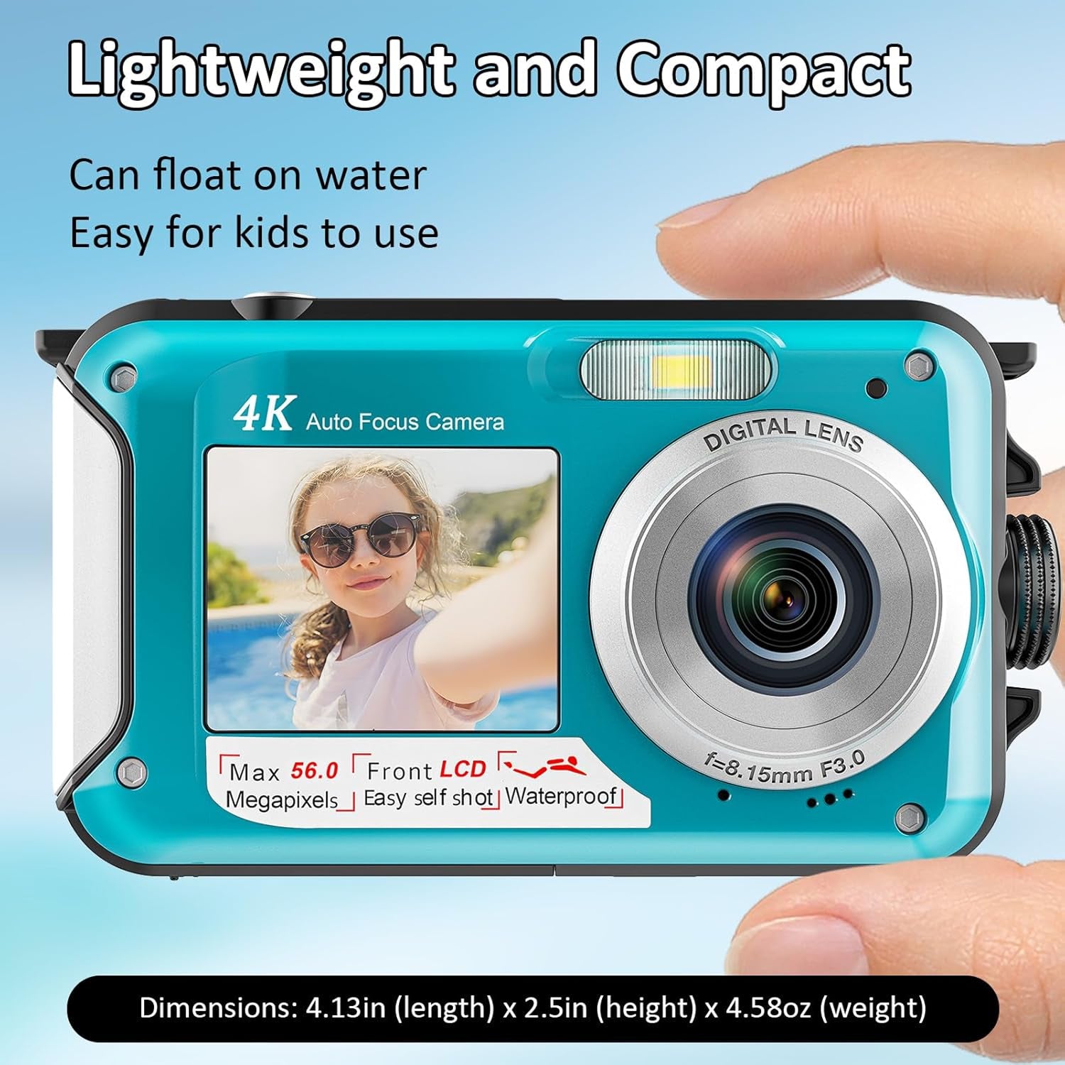 Turquoise AquanPixel Camera held by a hand with text highlighting features on a light blue background