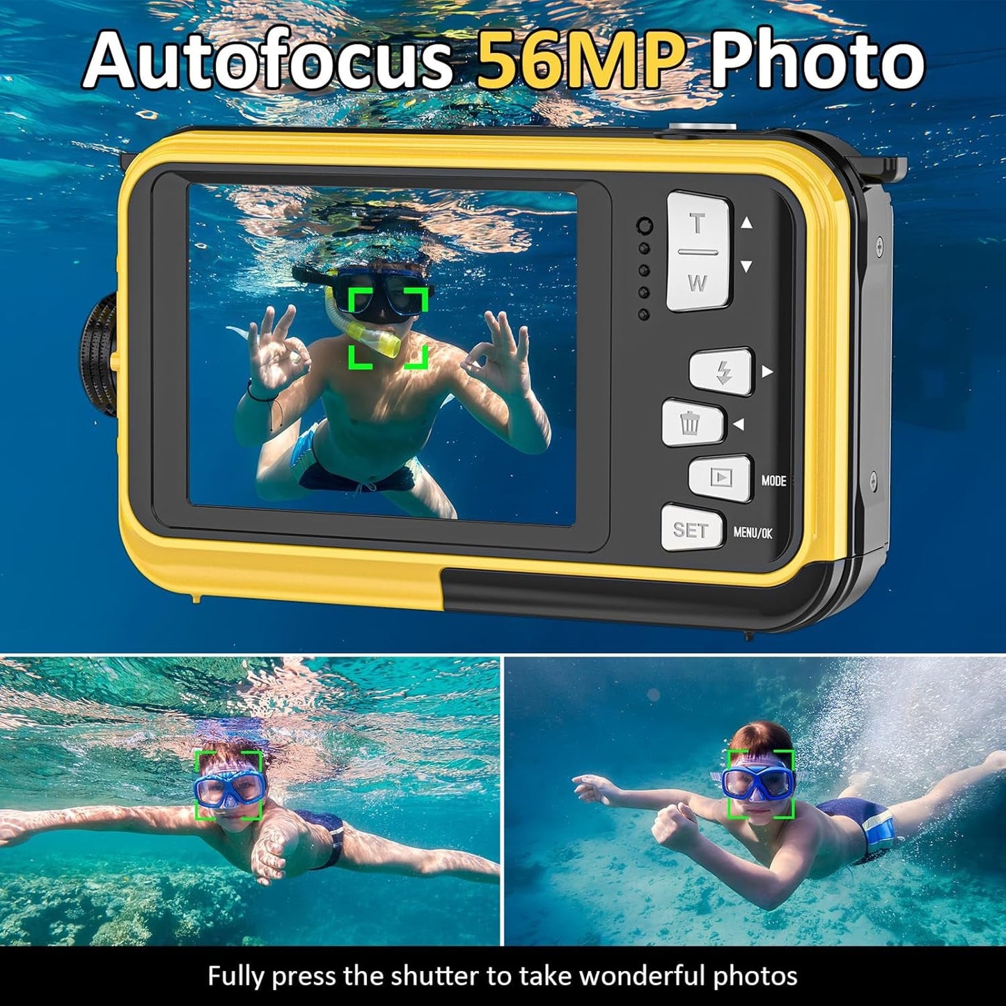 AquanPixel Camera with underwater photos and text 'Autofocus 56MP Photo' on a blue background