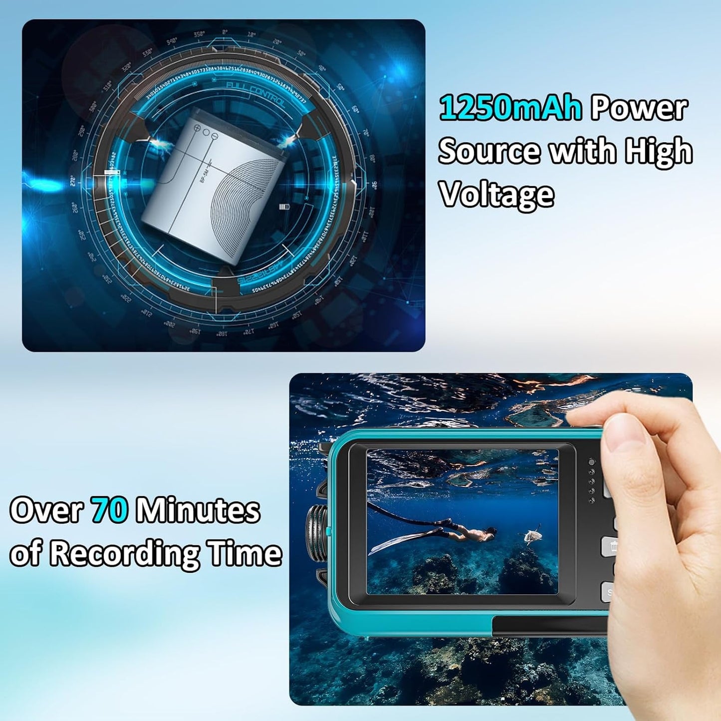 Power source with high voltage and underwater AquanPixel Camera with recording time display.