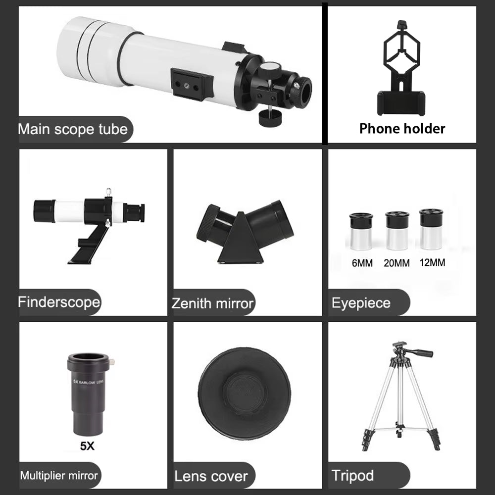 AstreePix Telescope components including main scope tube, phone holder, finderscope, zenith mirror, eyepiece, multiplier mirror, lens cover, and tripod on a white background.