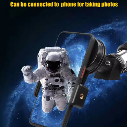 Smartphone with a camera lens attachment in front of an astronaut in space, with text indicating it can be connected to a phone for taking photos.