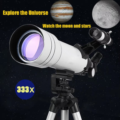 AstreePix Telescope with Jupiter and moon images on a dark space-themed background