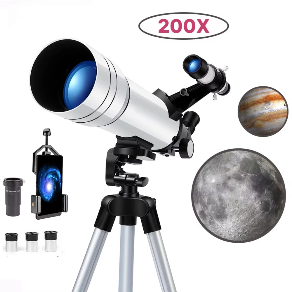 Astrogazeir Telescopes with 200x magnification on a white background, showing images of celestial bodies.