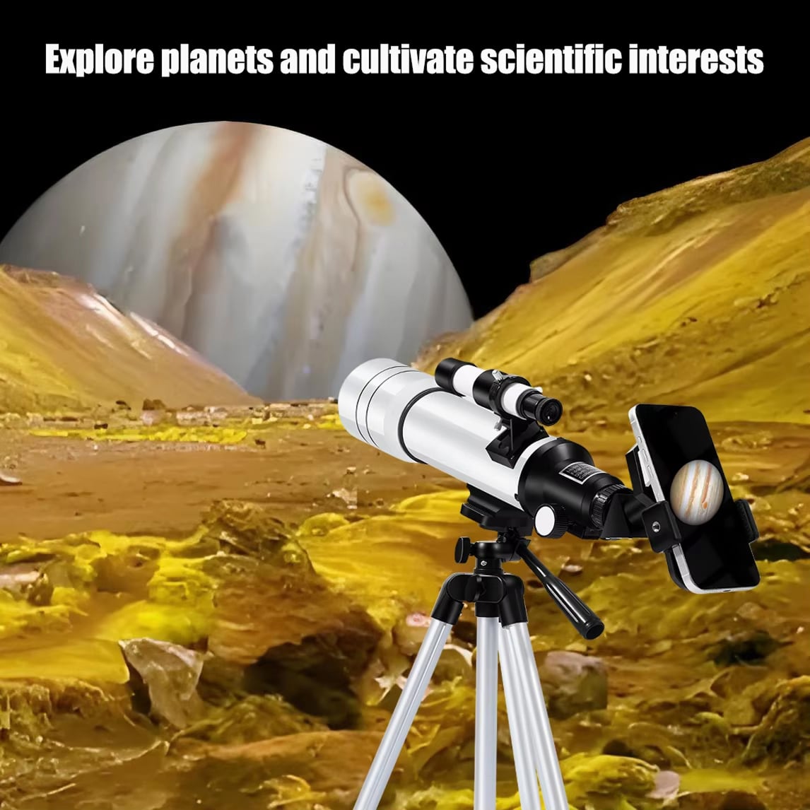 Astrogazeir Telescopes on a tripod with a phone attached, set against an alien landscape with a planet in the background.