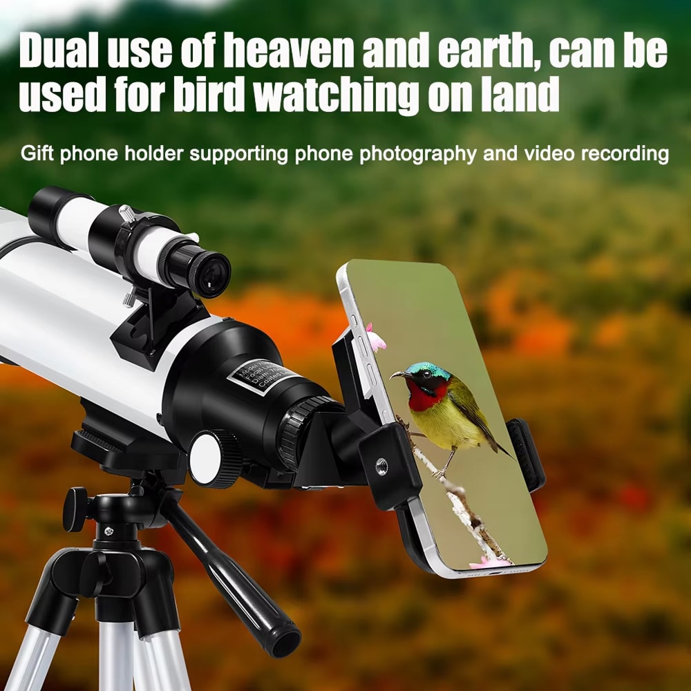 Astrogazeir Telescopes with phone holder displaying a bird image, with text about dual use for bird watching and phone photography.