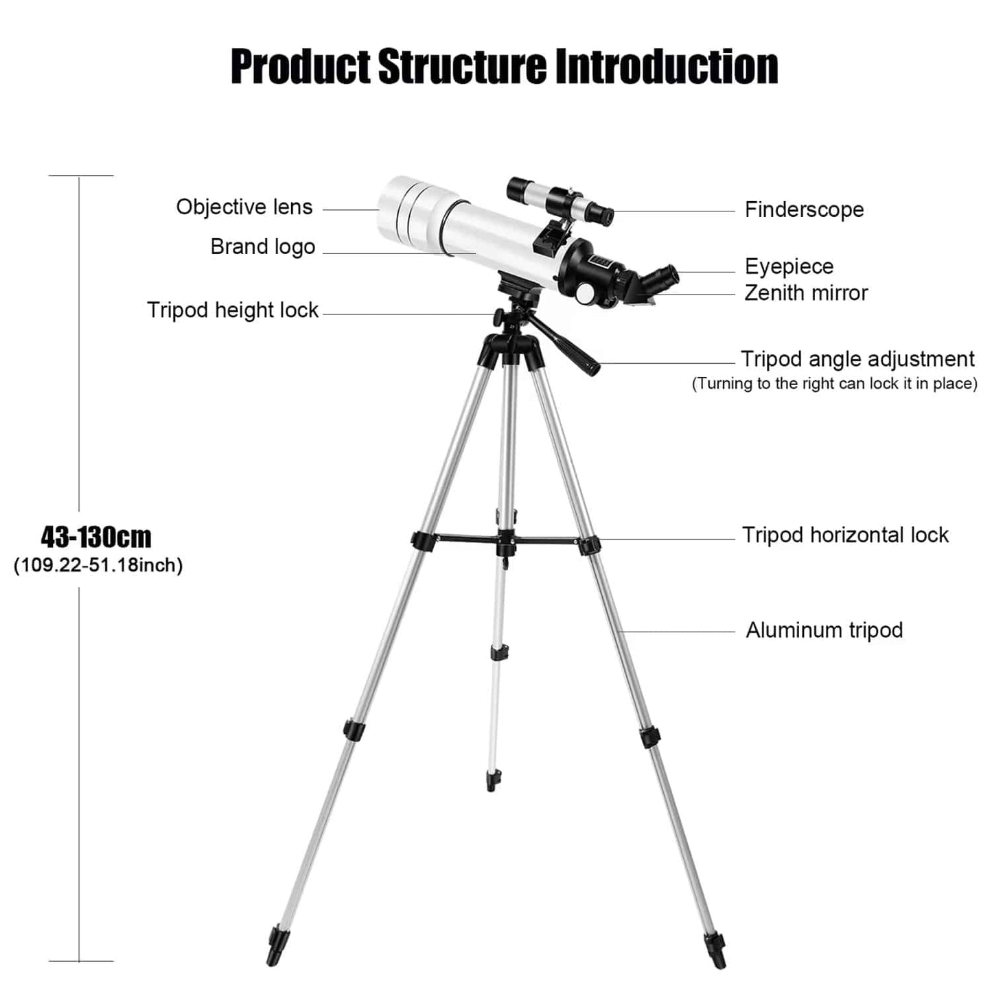 Astrogazeir Telescopes with labeled parts and dimensions on a white background