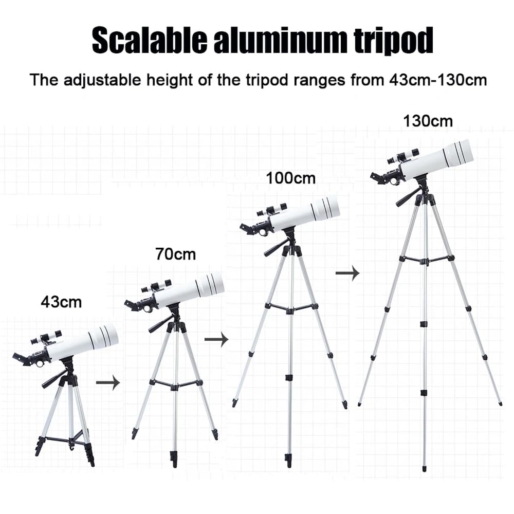 Astrogazeir Telescopes with adjustable tripod showing height range from 43cm to 130cm.