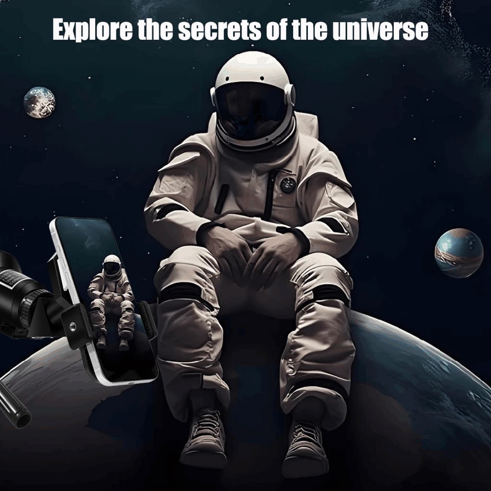 Astronaut sitting on a planet with a smartphone showing another astronaut, with text 'Explore the secrets of the universe'.