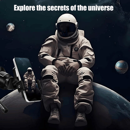 Astronaut sitting on a planet with a smartphone showing another astronaut, with text 'Explore the secrets of the universe'.