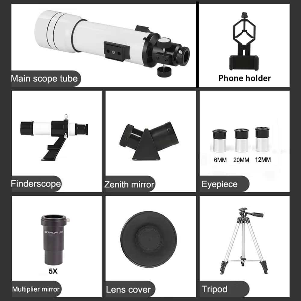Astrogazeir Telescopes components including main scope tube, phone holder, finderscope, zenith mirror, eyepiece, multiplier mirror, lens cover, and tripod on a white background.