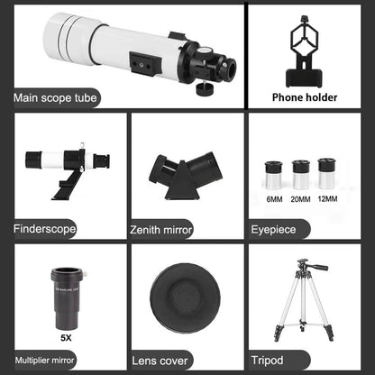 Astrogazeir Telescopes components including main scope tube, phone holder, finderscope, zenith mirror, eyepiece, multiplier mirror, lens cover, and tripod on a white background.