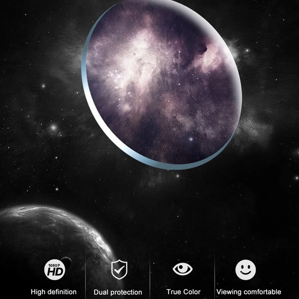 Planet with space background and icons indicating high definition, dual protection, true color, and viewing comfort.