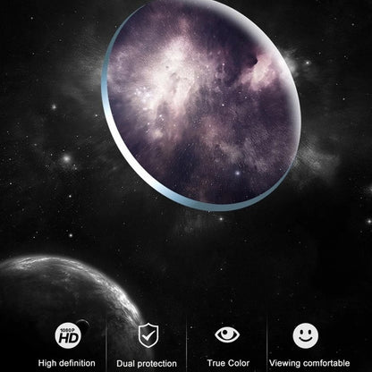 Planet with space background and icons indicating high definition, dual protection, true color, and viewing comfort.