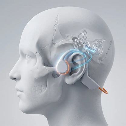A 3D digital rendering of a human head in profile, showing a transparent and gray cochlear implant device inserted into the ear with glowing blue and orange light effects on a light gray background.