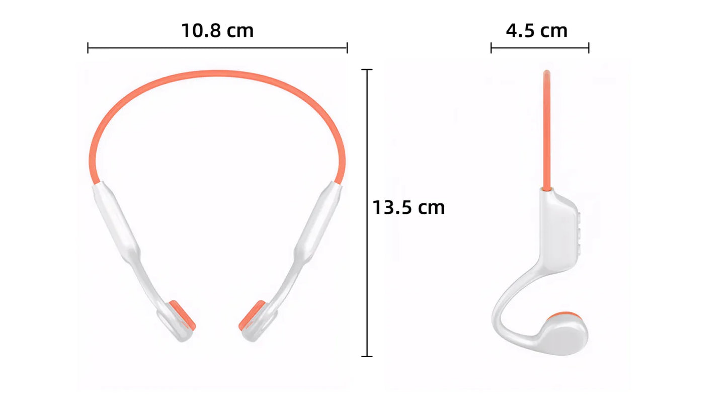 White and orange sports earbuds with dimension labels showing the headband length of 10.8 cm, total height of 13.