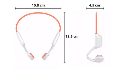 White and orange sports earbuds with dimension labels showing the headband length of 10.8 cm, total height of 13.