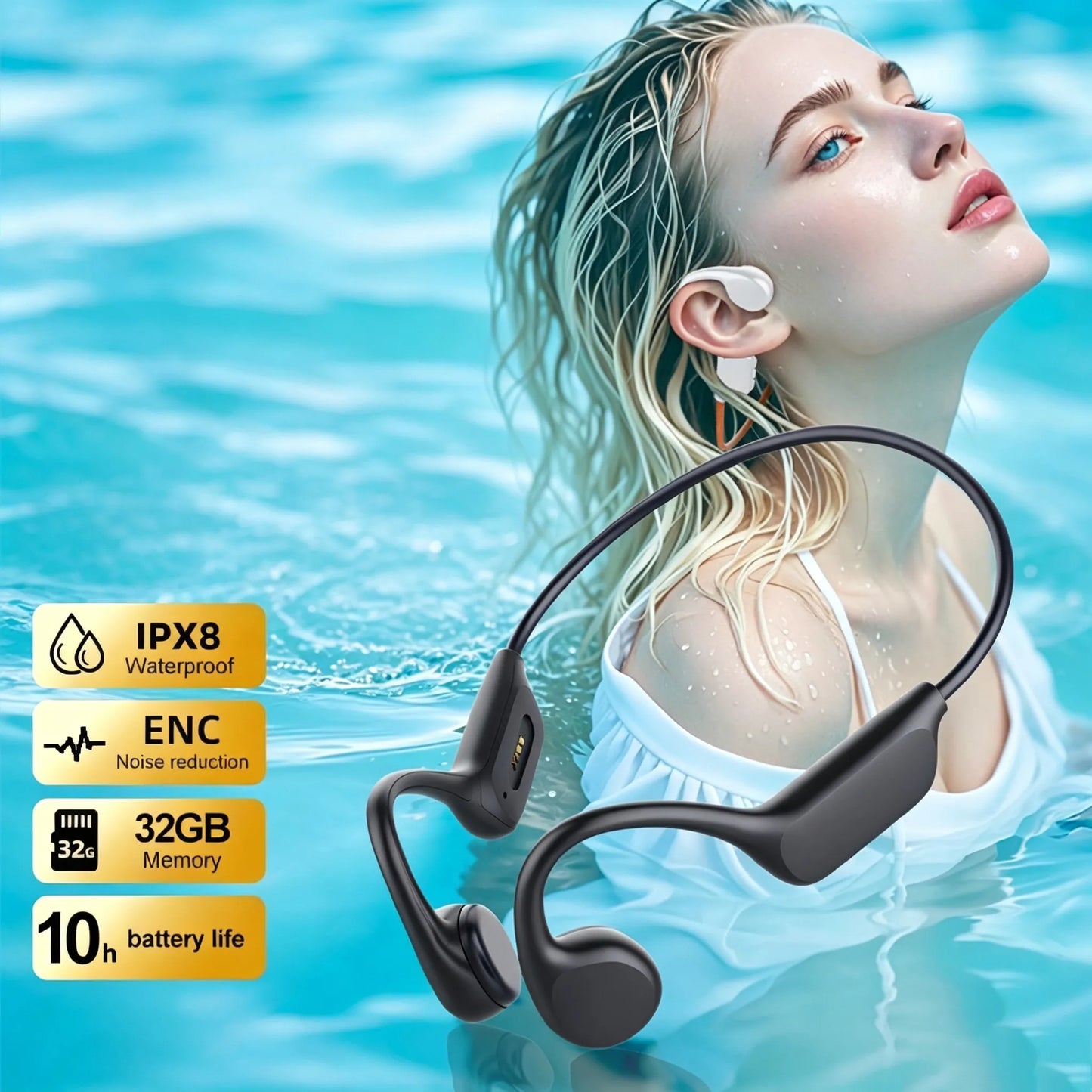 Black Audionex Bone Conduction Headphones shown over a woman in a swimming pool, with feature badges on the left reading IPX8 Waterproof, ENC Noise reduction, 32GB Memory, and 10h battery life.