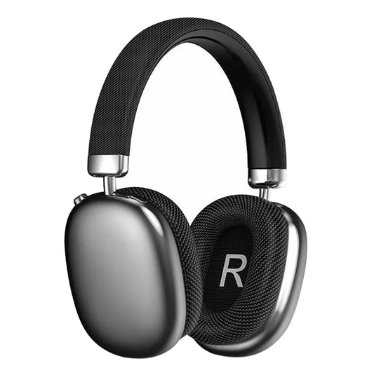 Black and silver Audionex HiFi Stereo Wireless Headphones on a white background