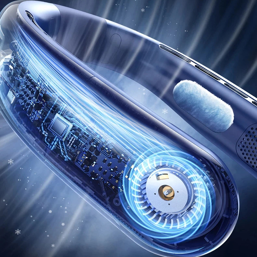 Close-up of a blue AuraIcyy Neck Fan device with visible circuitry and cooling system.