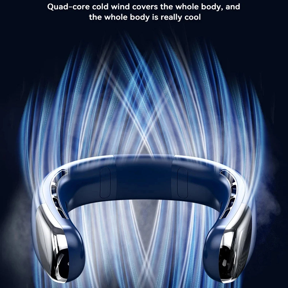 AuraIcyy Neck Fan device with cooling effect on a dark background