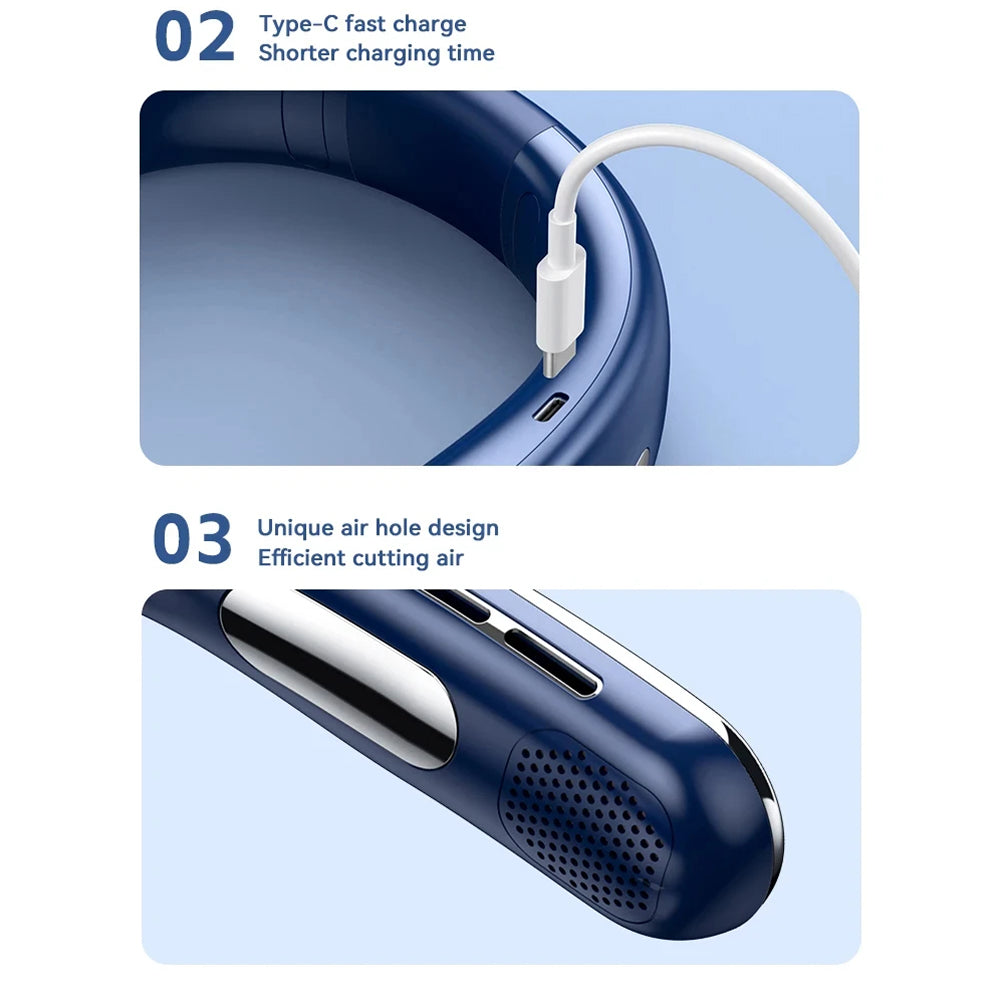 Blue AuraIcyy Neck Fan with a charging cable and air hole design on a light blue background