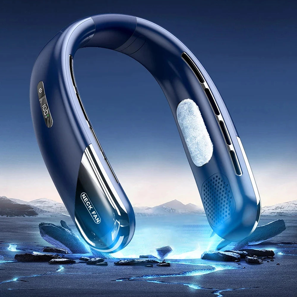 Blue AuraIcyy Neck Fan with a futuristic design on a snowy landscape background