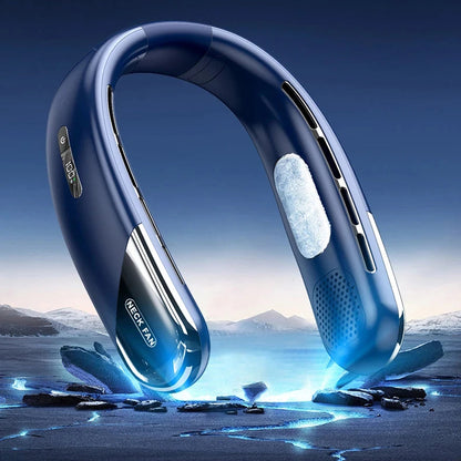 Blue AuraIcyy Neck Fan with a futuristic design on a snowy landscape background