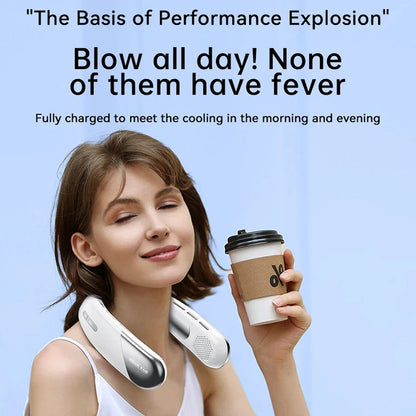 Woman using a AuraIcyy Neck Fan while holding a coffee cup against a blue background with promotional text.