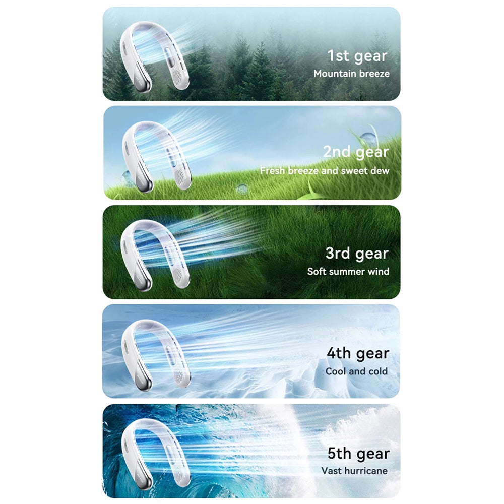 White AuraIcyy Neck Fan with five different scenic backgrounds and corresponding text labels.