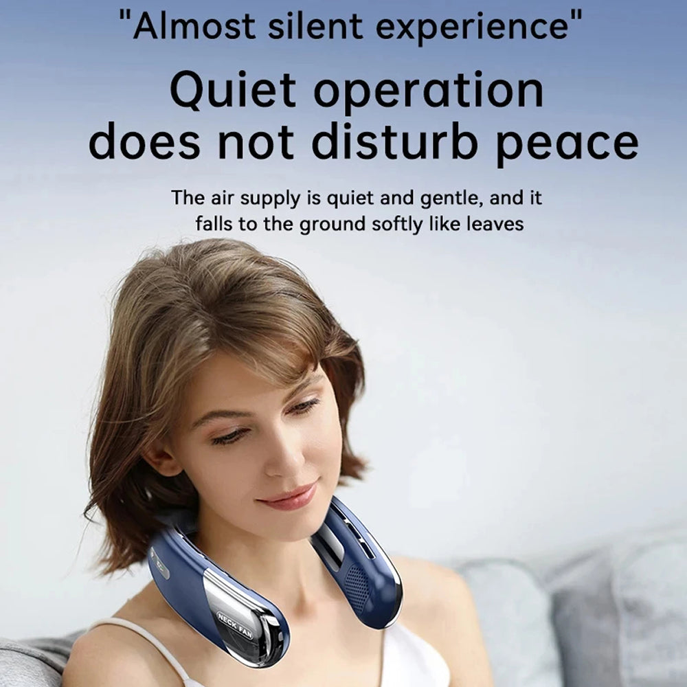 Woman using a AuraIcyy Neck Fan with text about its quiet operation