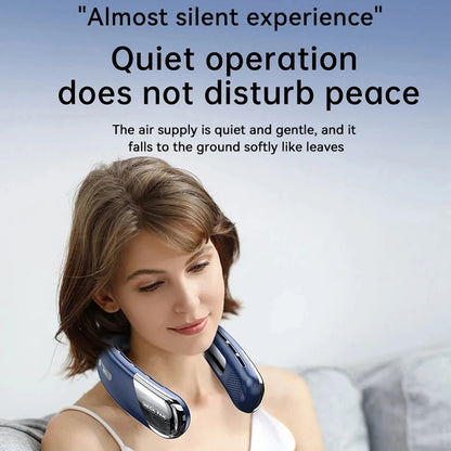 Woman using a AuraIcyy Neck Fan with text about its quiet operation
