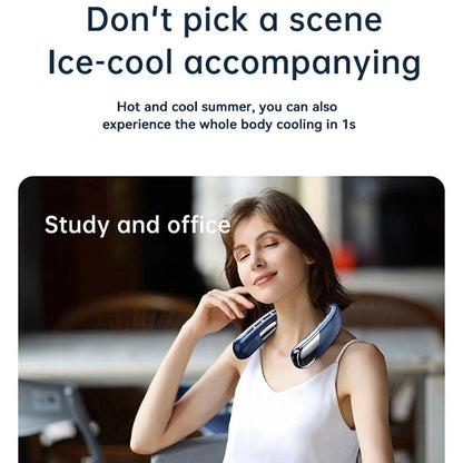 Woman using a AuraIcyy Neck Fan in an office setting with text about cooling effects.