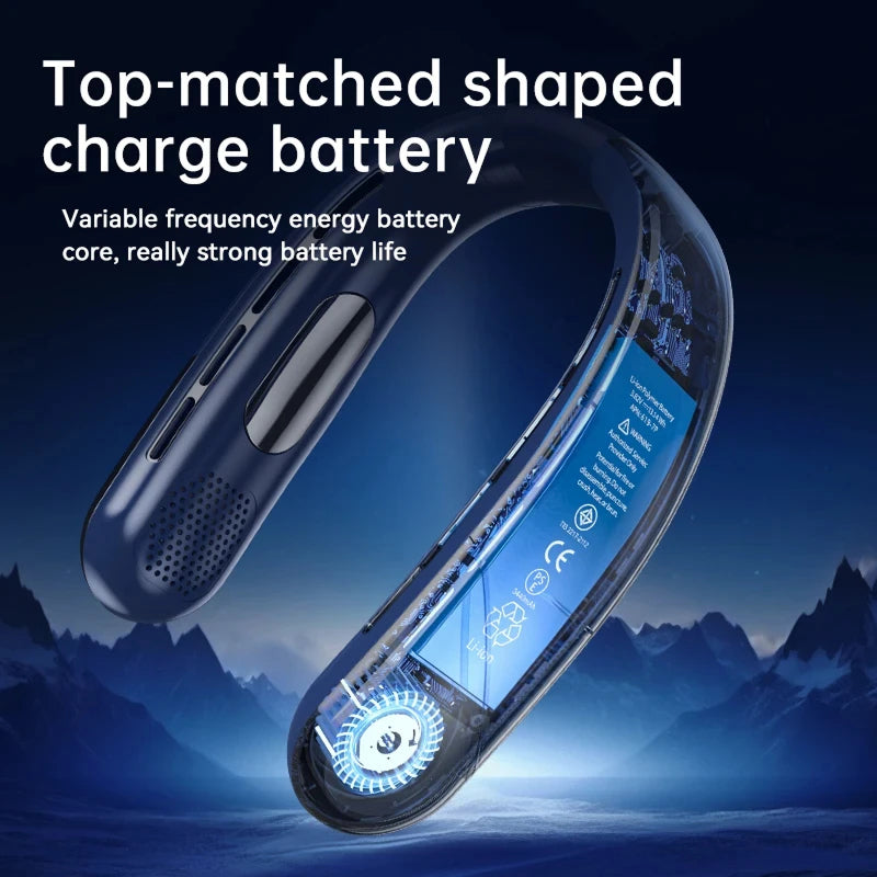 AuraIcyy Neck Fan with a mountainous background and text about top-matched shaped charge battery